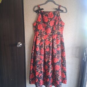 Rose Print Whimsigoth Dark Romantic High Neck Midi Dress Flare Valentines Med